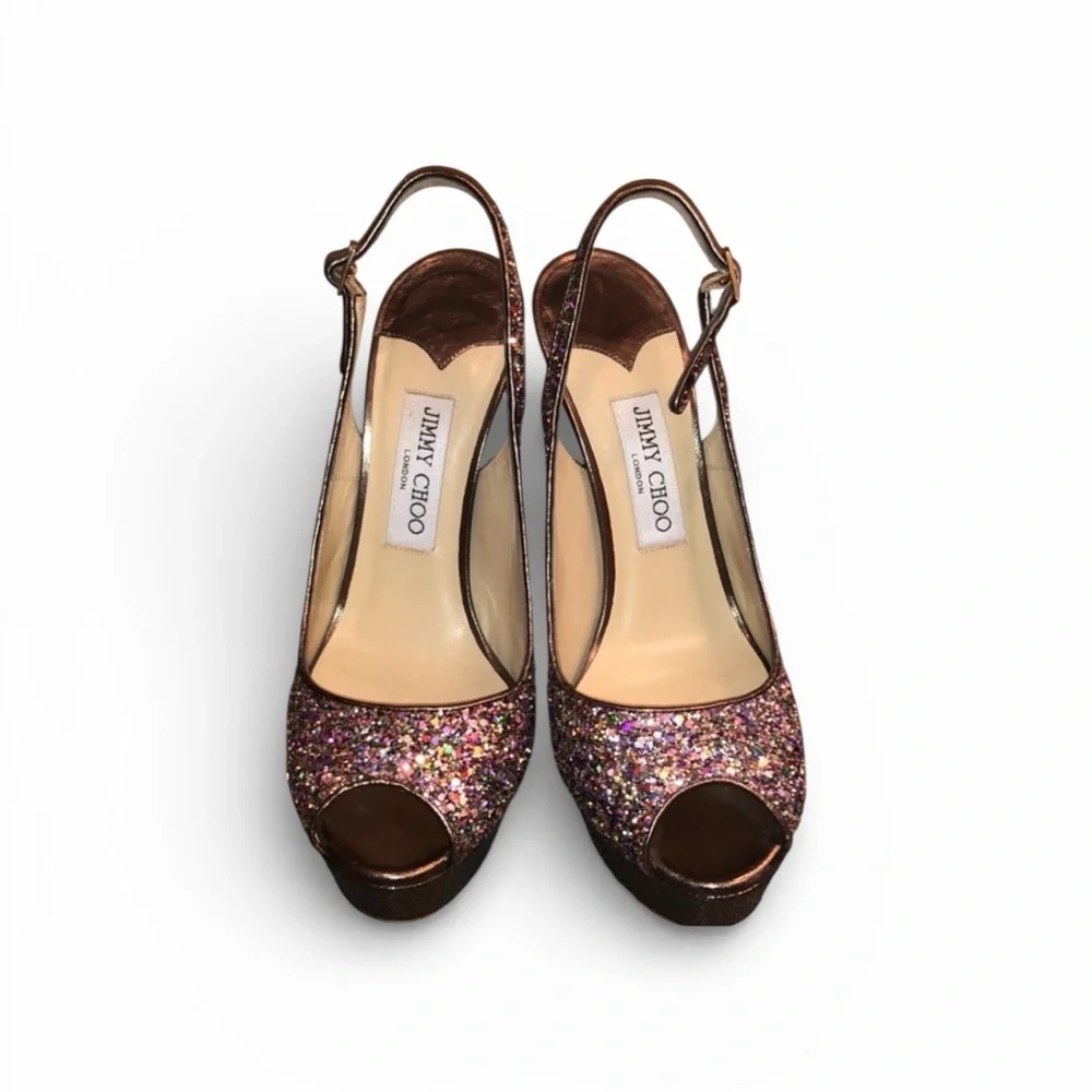 Jimmy Choo Iconic “Clue’ Multicolor Glitter Peep-Toe Slingback Heels